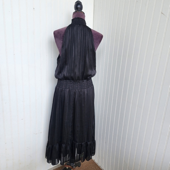 MSK Womens Black Silver Metallic Mock Neck Keyhole Dress Midi Smocked Waist Sz L - Picture 7 of 13